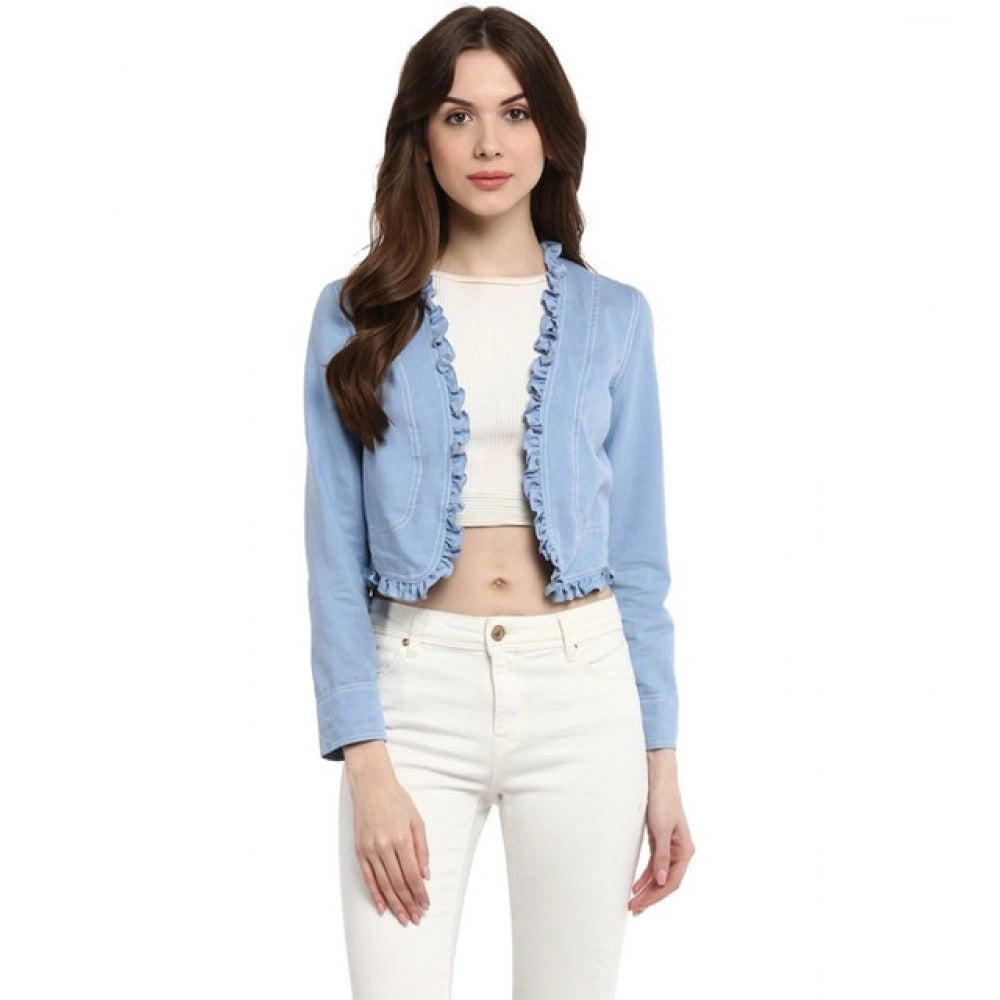 HD Women's Denim Ruffled Long Sleeves Shrug (Blue)