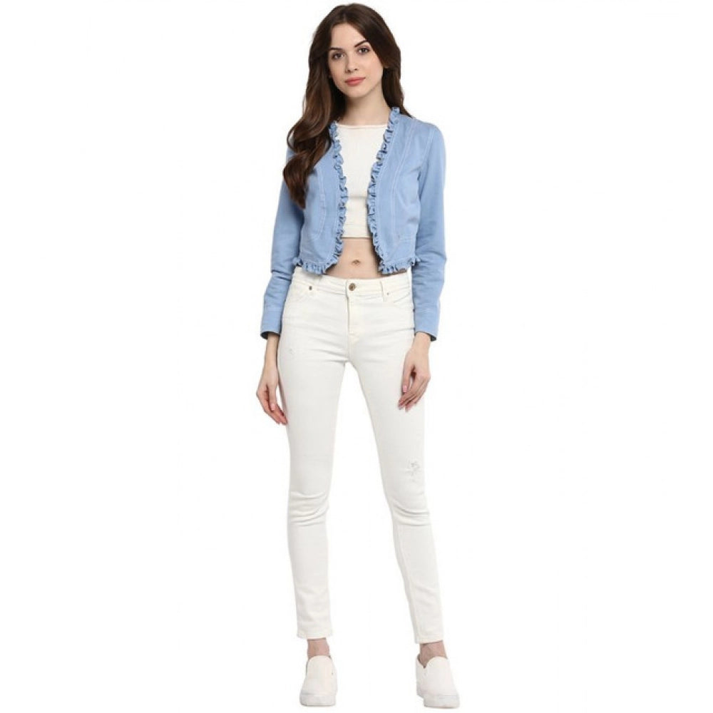 HD Women's Denim Ruffled Long Sleeves Shrug (Blue)
