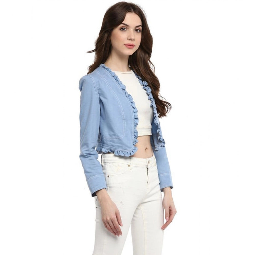 HD Women's Denim Ruffled Long Sleeves Shrug (Blue)