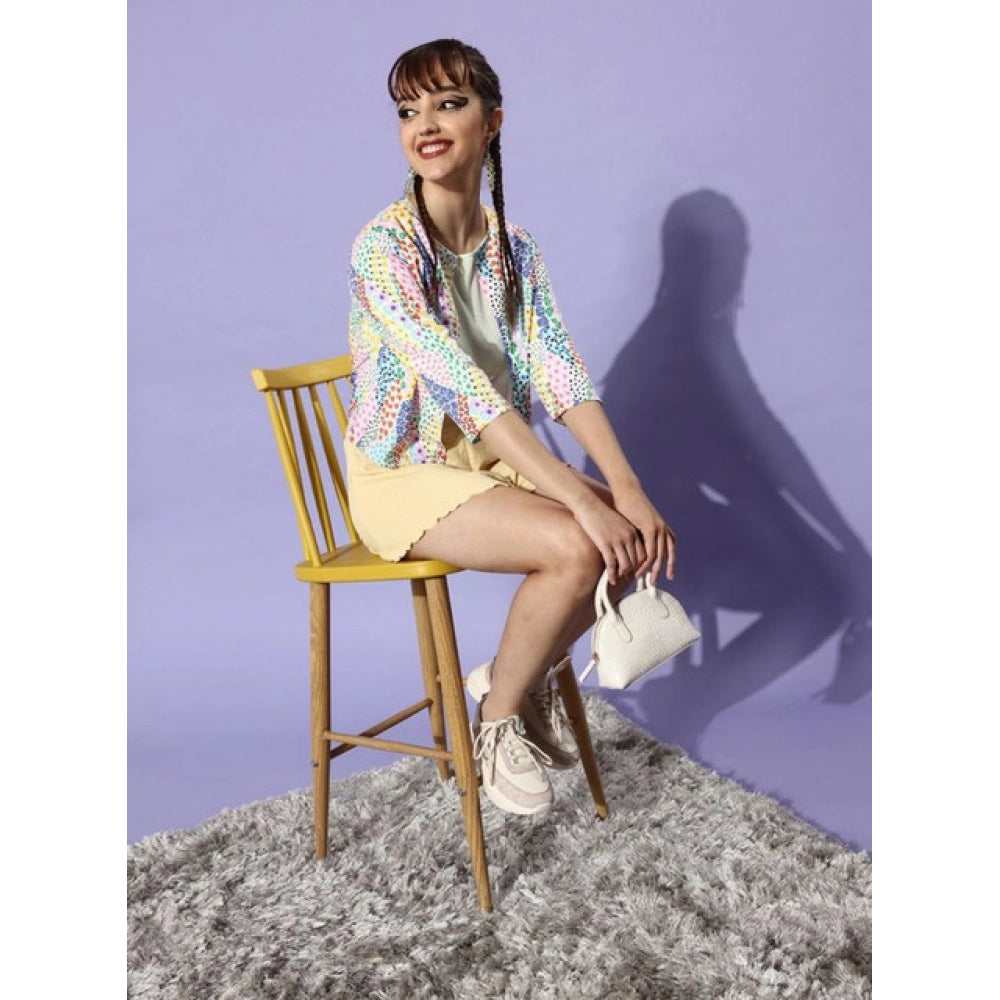 HD Women's Polyester Floral 3-4th Sleeves Shrug (Multicolor)