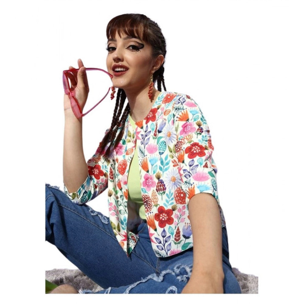 HD Women's Polyester Floral 3-4th Sleeves Shrug (Multicolor)