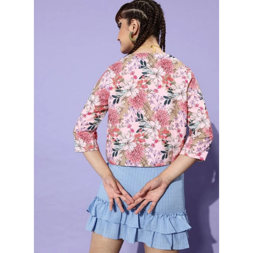 HD Women's Polyester Floral 3-4th Sleeves Shrug (Peach)