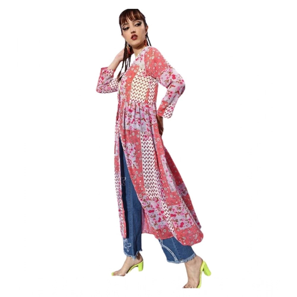 HD Women's Polyester Floral Long Sleeves Shrug (Pink-Coral)