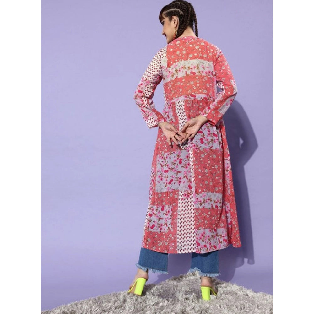 HD Women's Polyester Floral Long Sleeves Shrug (Pink-Coral)