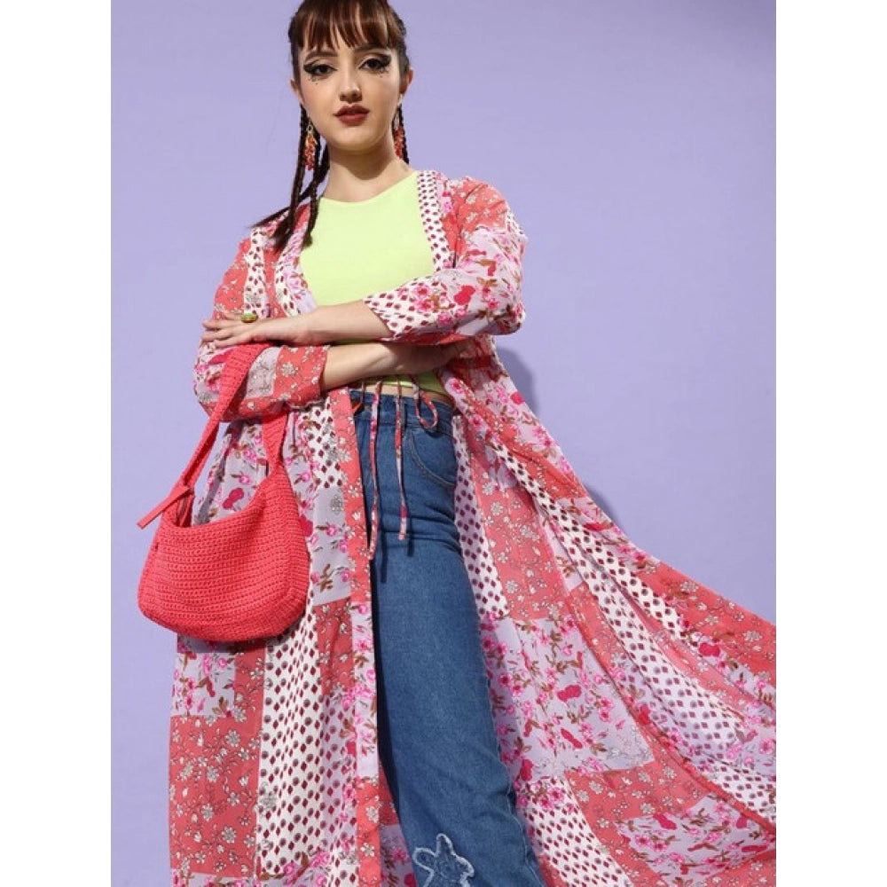 HD Women's Polyester Floral Long Sleeves Shrug (Pink-Coral)