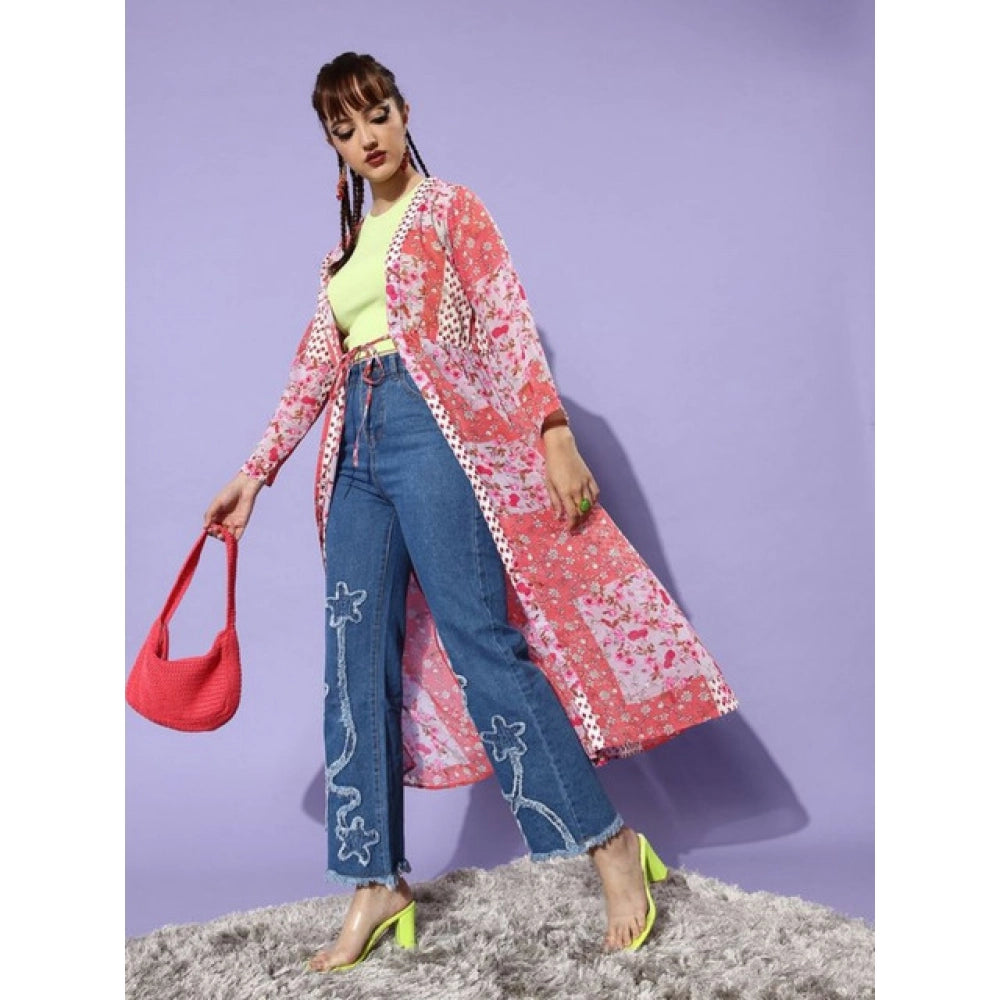 HD Women's Polyester Floral Long Sleeves Shrug (Pink-Coral)