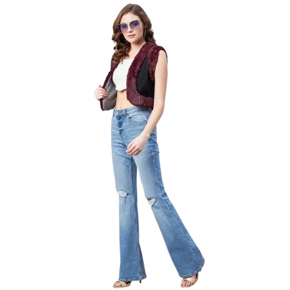 HD Women's Denim And Fur Solid Sleeveless Shrug (Black - Maroon)