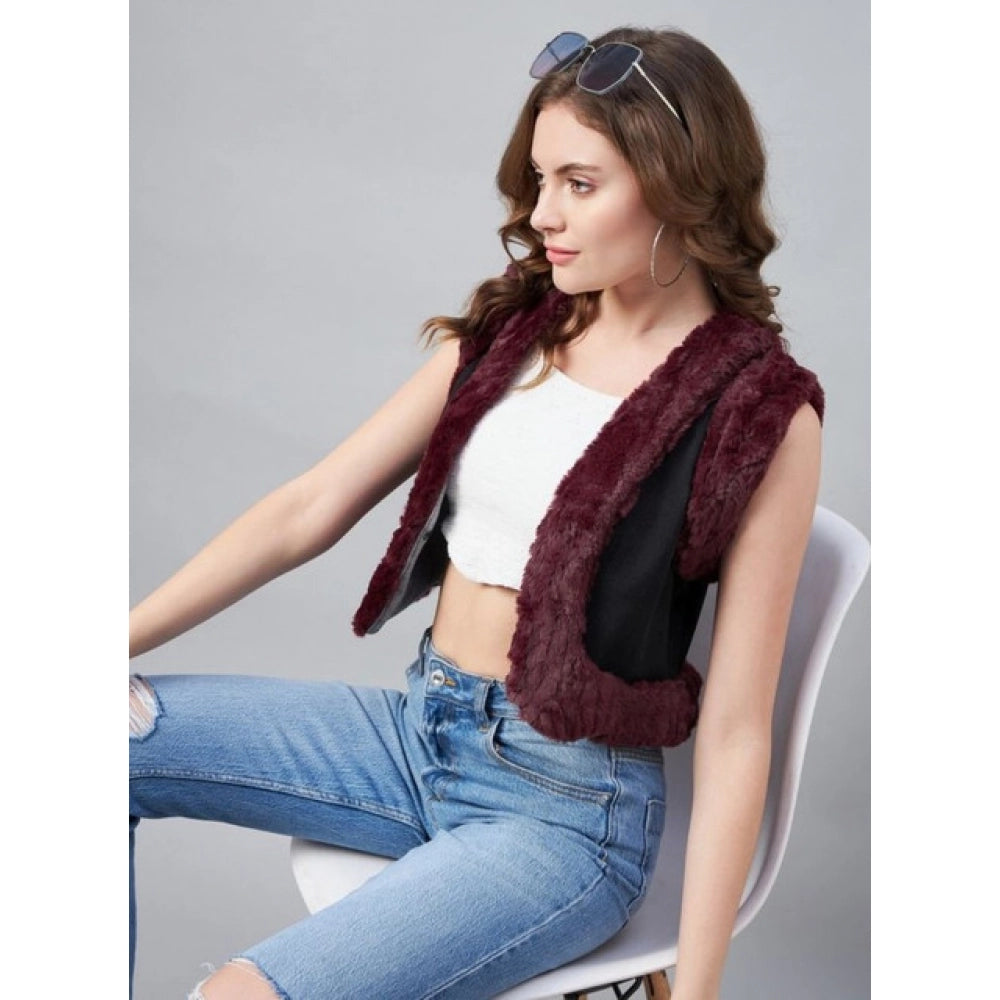 HD Women's Denim And Fur Solid Sleeveless Shrug (Black - Maroon)