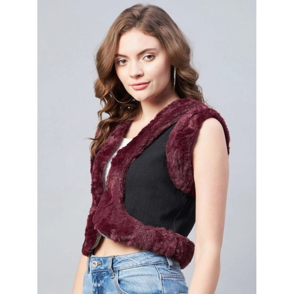 HD Women's Denim And Fur Solid Sleeveless Shrug (Black - Maroon)