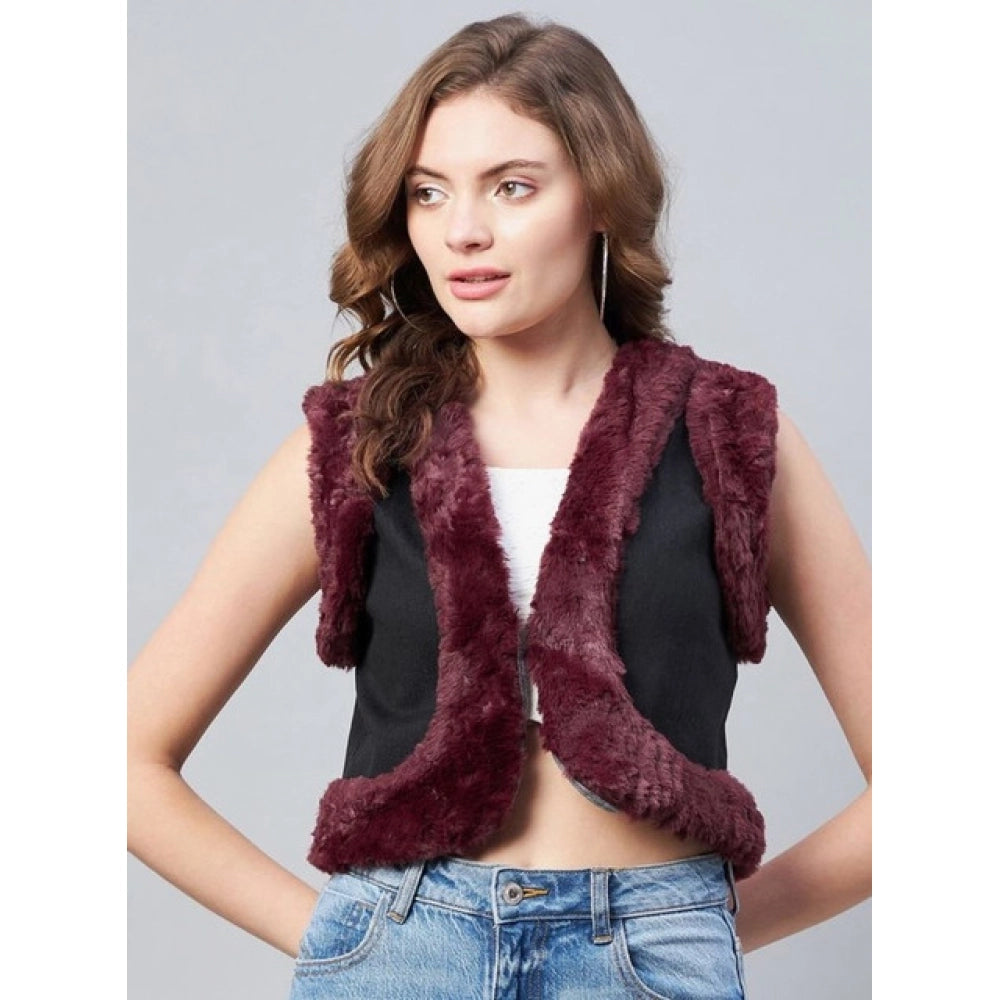 HD Women's Denim And Fur Solid Sleeveless Shrug (Black - Maroon)