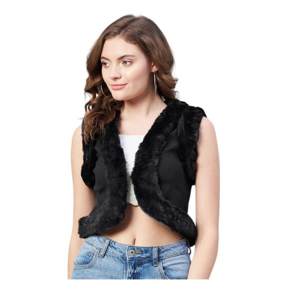HD Women's Denim And Fur Solid Sleeveless Shrug (Black)