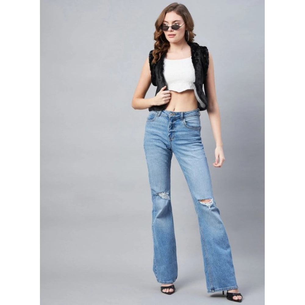 HD Women's Denim And Fur Solid Sleeveless Shrug (Black)