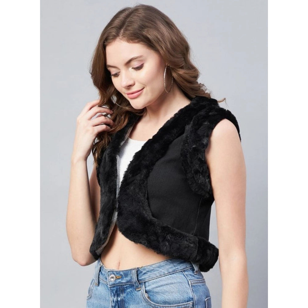 HD Women's Denim And Fur Solid Sleeveless Shrug (Black)