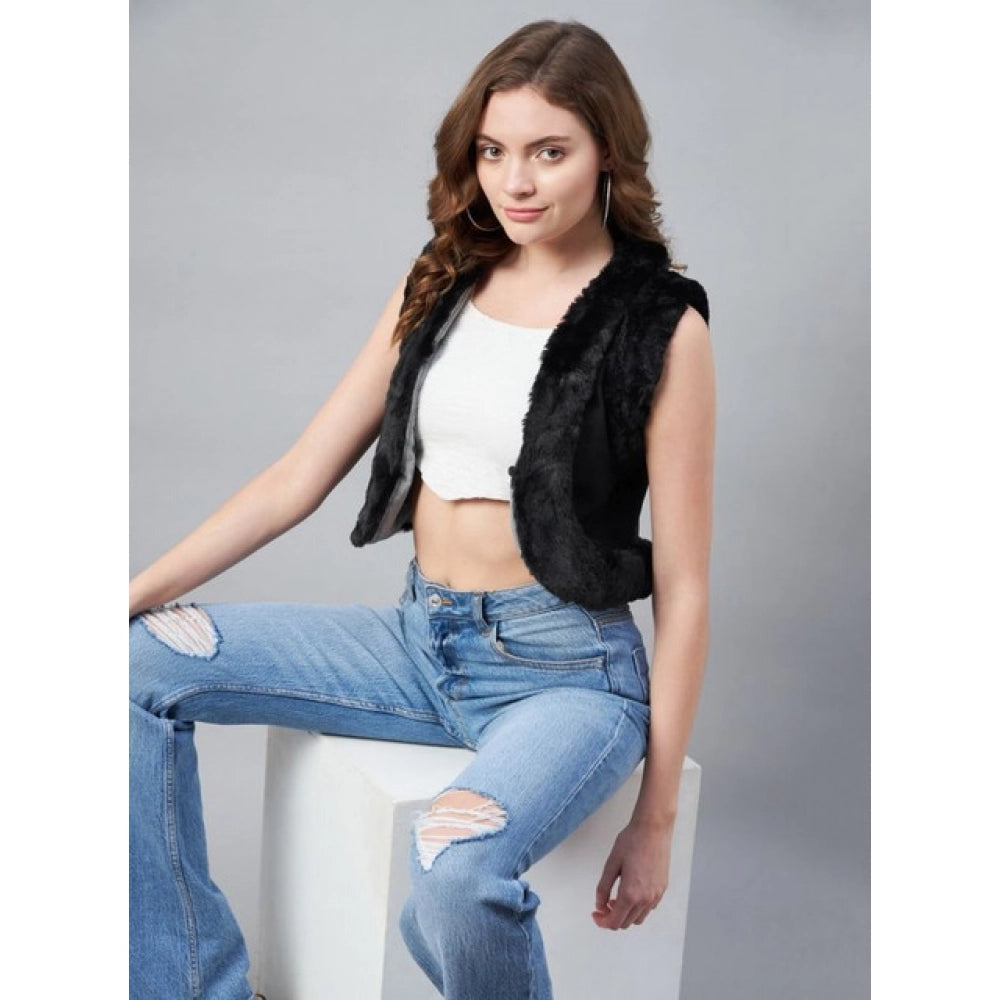 HD Women's Denim And Fur Solid Sleeveless Shrug (Black)
