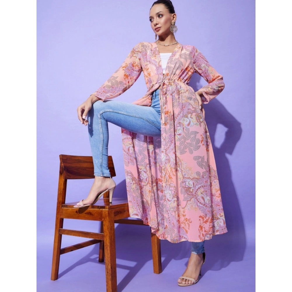 HD Women's Polyester Floral Long Sleeves Shrug (Peach)