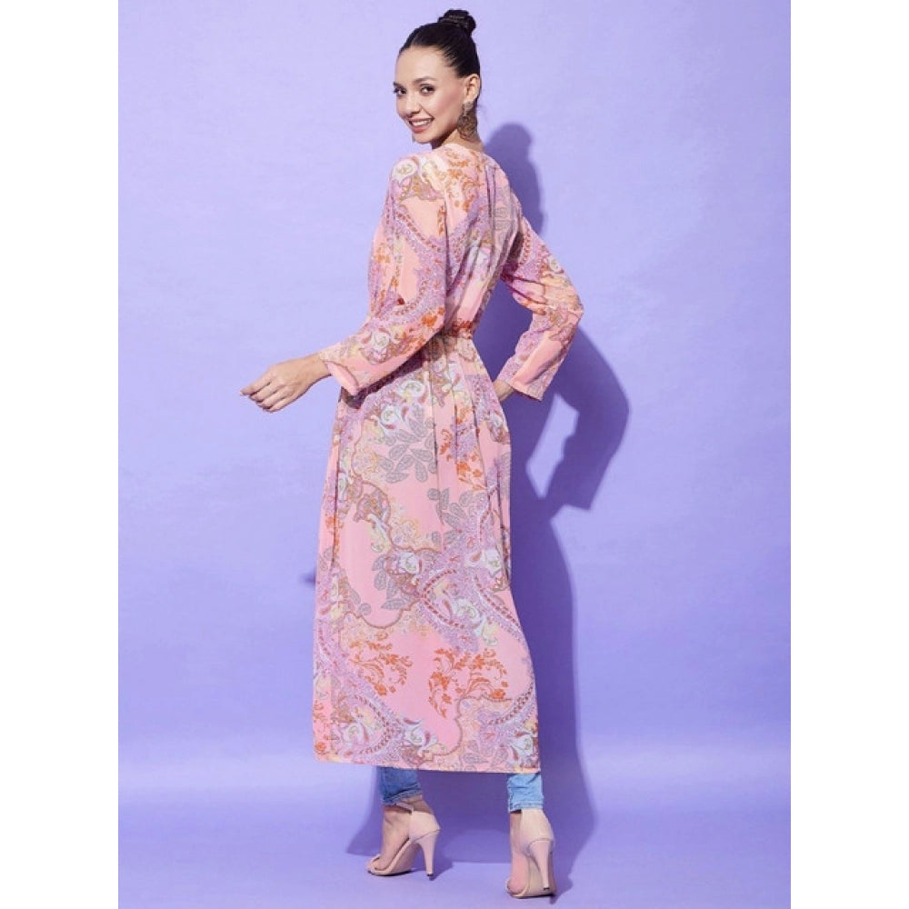 HD Women's Polyester Floral Long Sleeves Shrug (Peach)