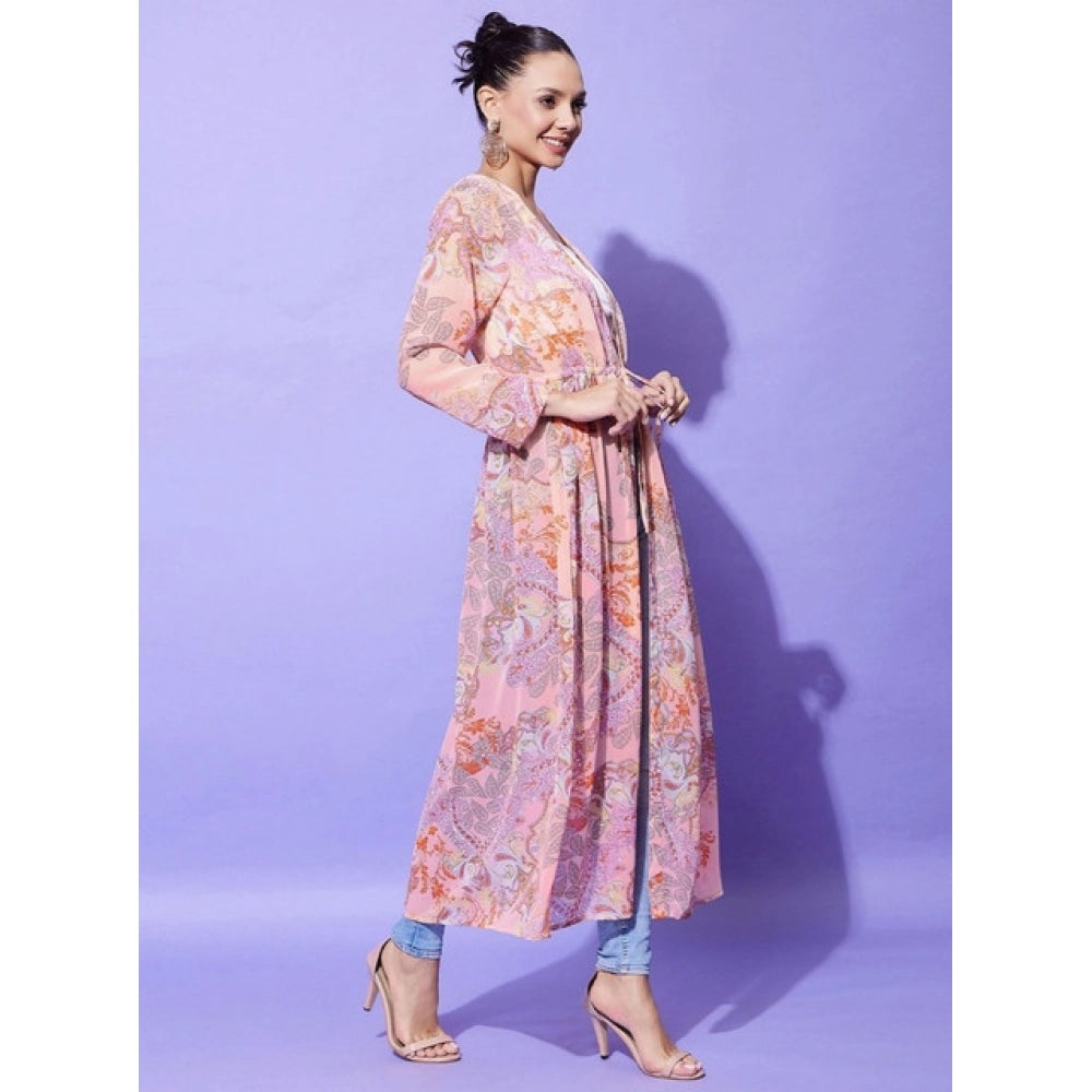 HD Women's Polyester Floral Long Sleeves Shrug (Peach)