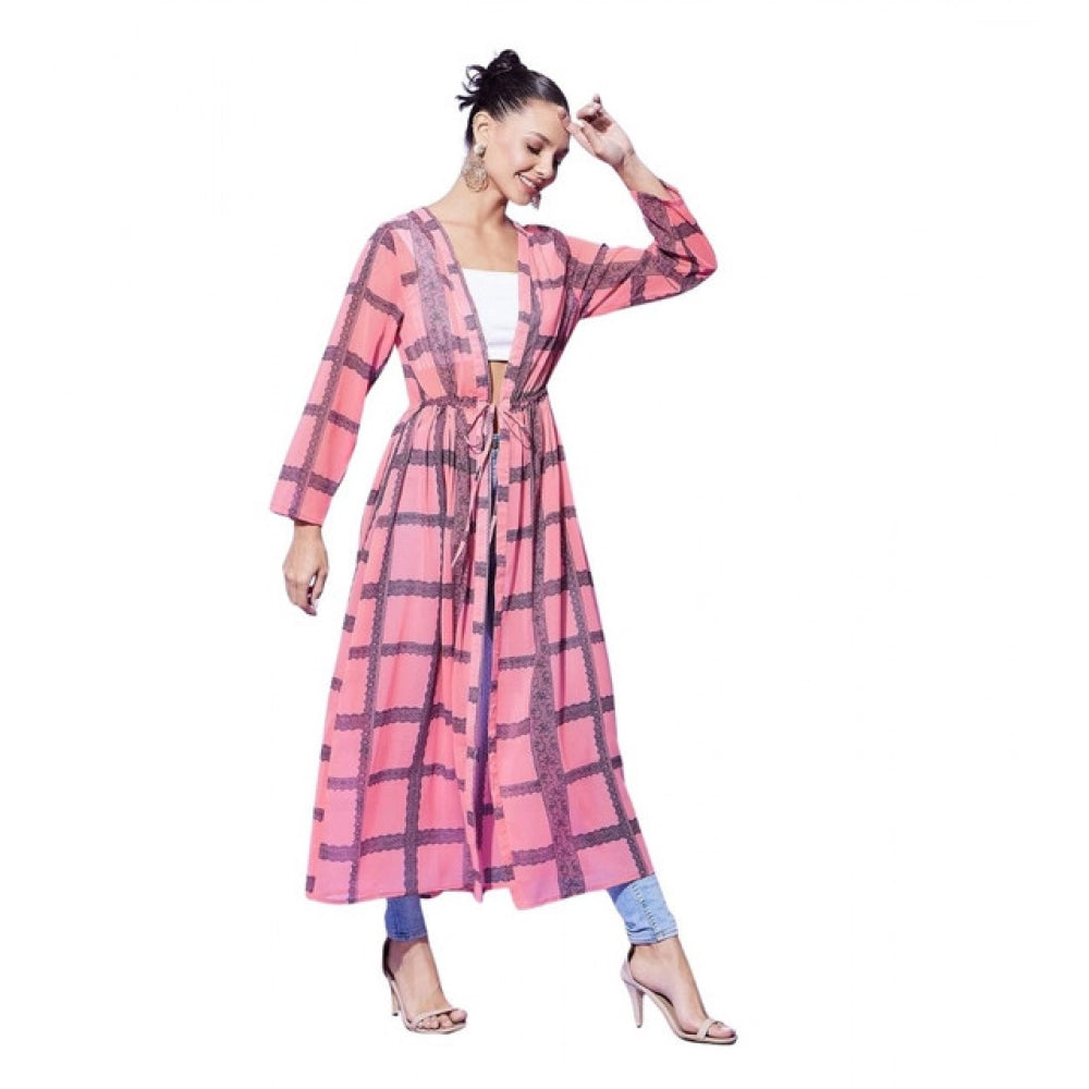HD Women's Polyester Check Long Sleeves Shrug (Pink)