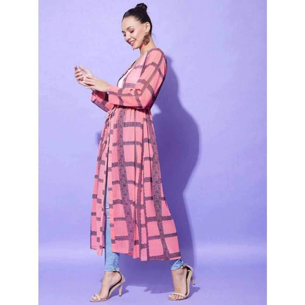 HD Women's Polyester Check Long Sleeves Shrug (Pink)