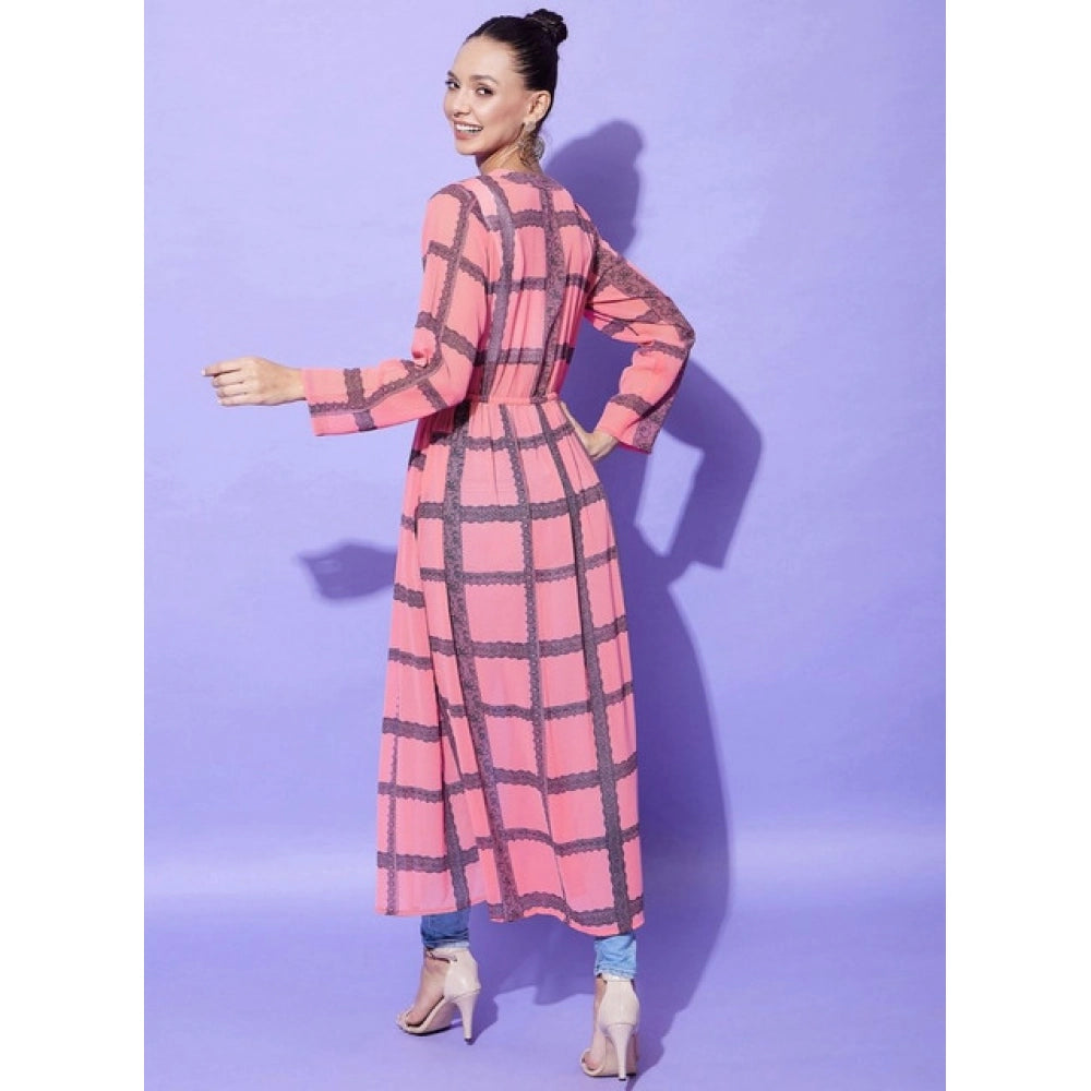 HD Women's Polyester Check Long Sleeves Shrug (Pink)