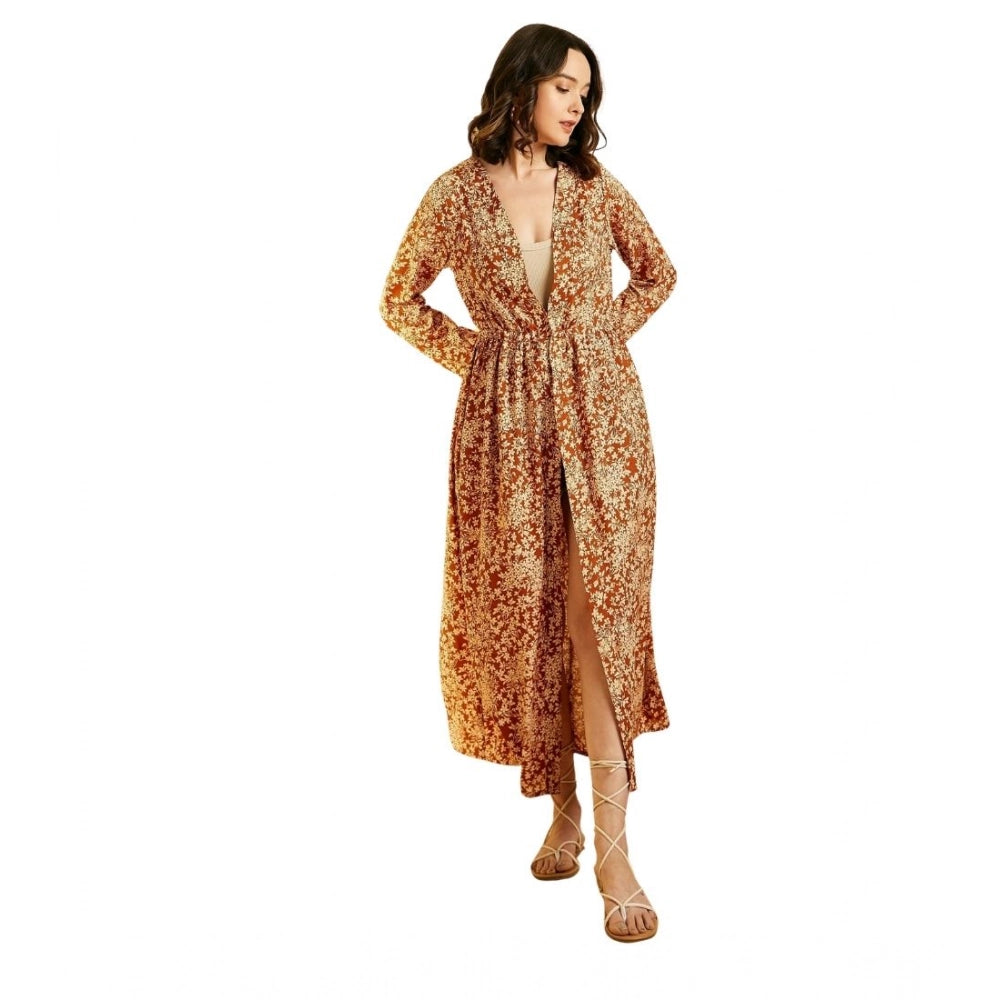 HD Women's Polyester Floral Long Sleeves Shrug (Brown)