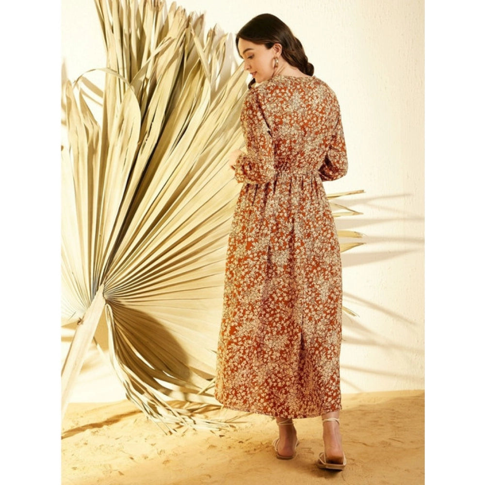 HD Women's Polyester Floral Long Sleeves Shrug (Brown)