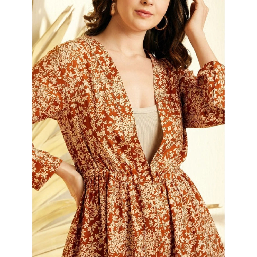 HD Women's Polyester Floral Long Sleeves Shrug (Brown)