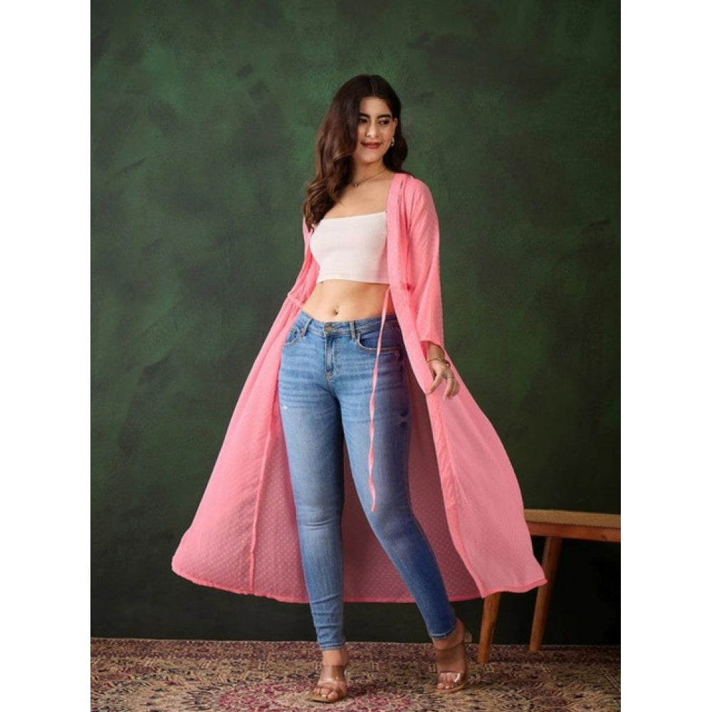 HD Women's Chiffon Self Design Long Sleeves Shrug (Pink)