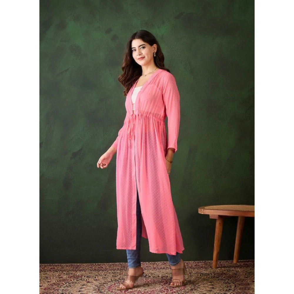 HD Women's Chiffon Self Design Long Sleeves Shrug (Pink)