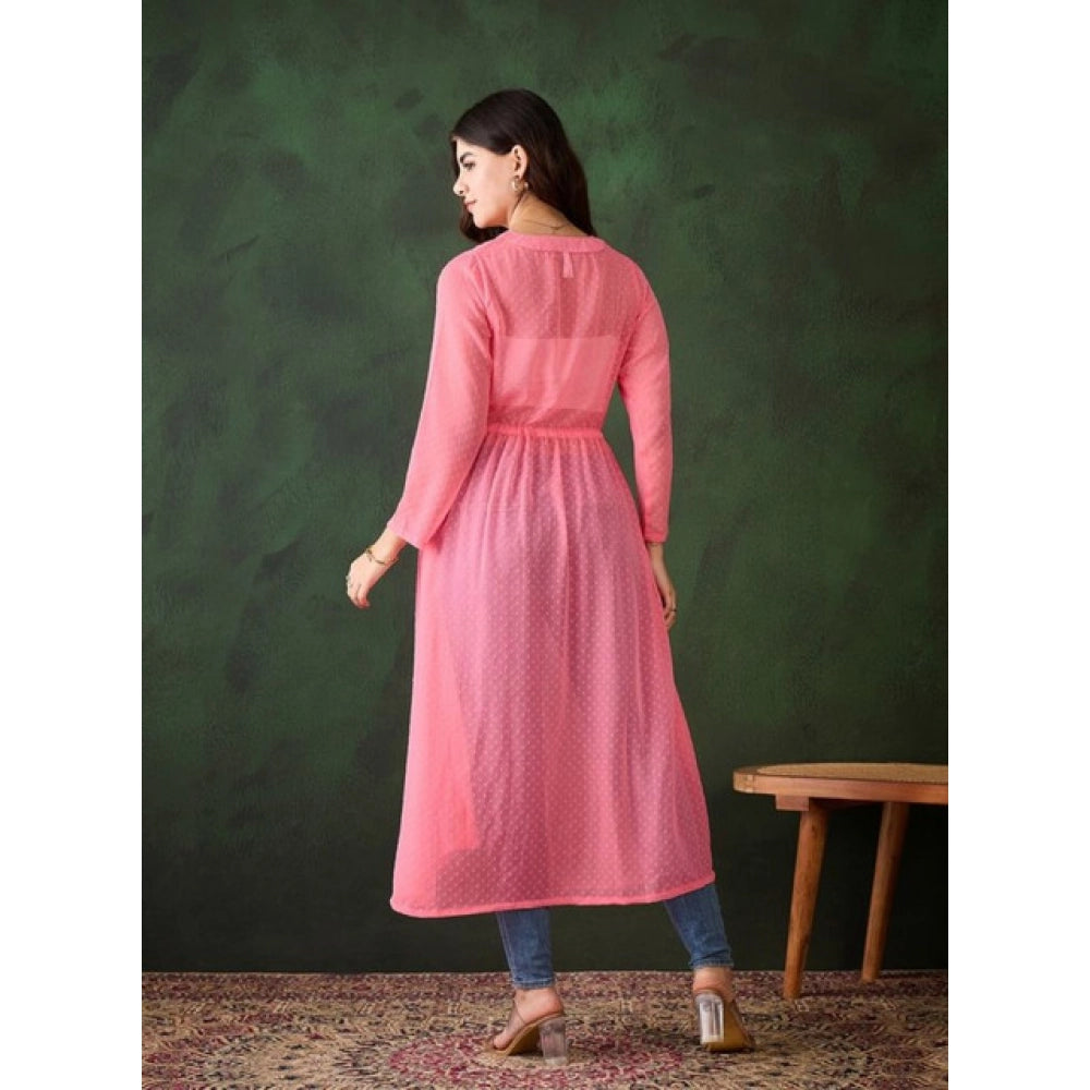 HD Women's Chiffon Self Design Long Sleeves Shrug (Pink)