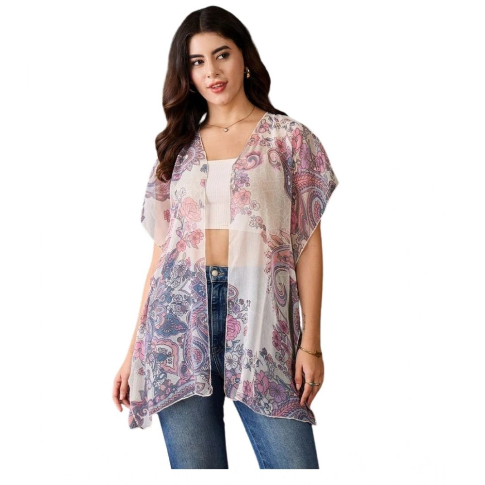 HD Women's Chiffon Printed Short Sleeves Shrug (White - Purple)