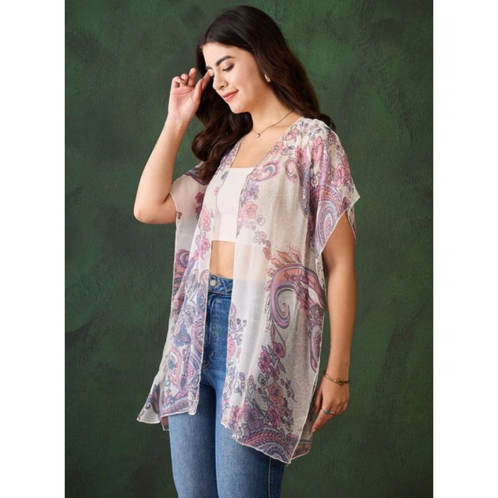 HD Women's Chiffon Printed Short Sleeves Shrug (White - Purple)