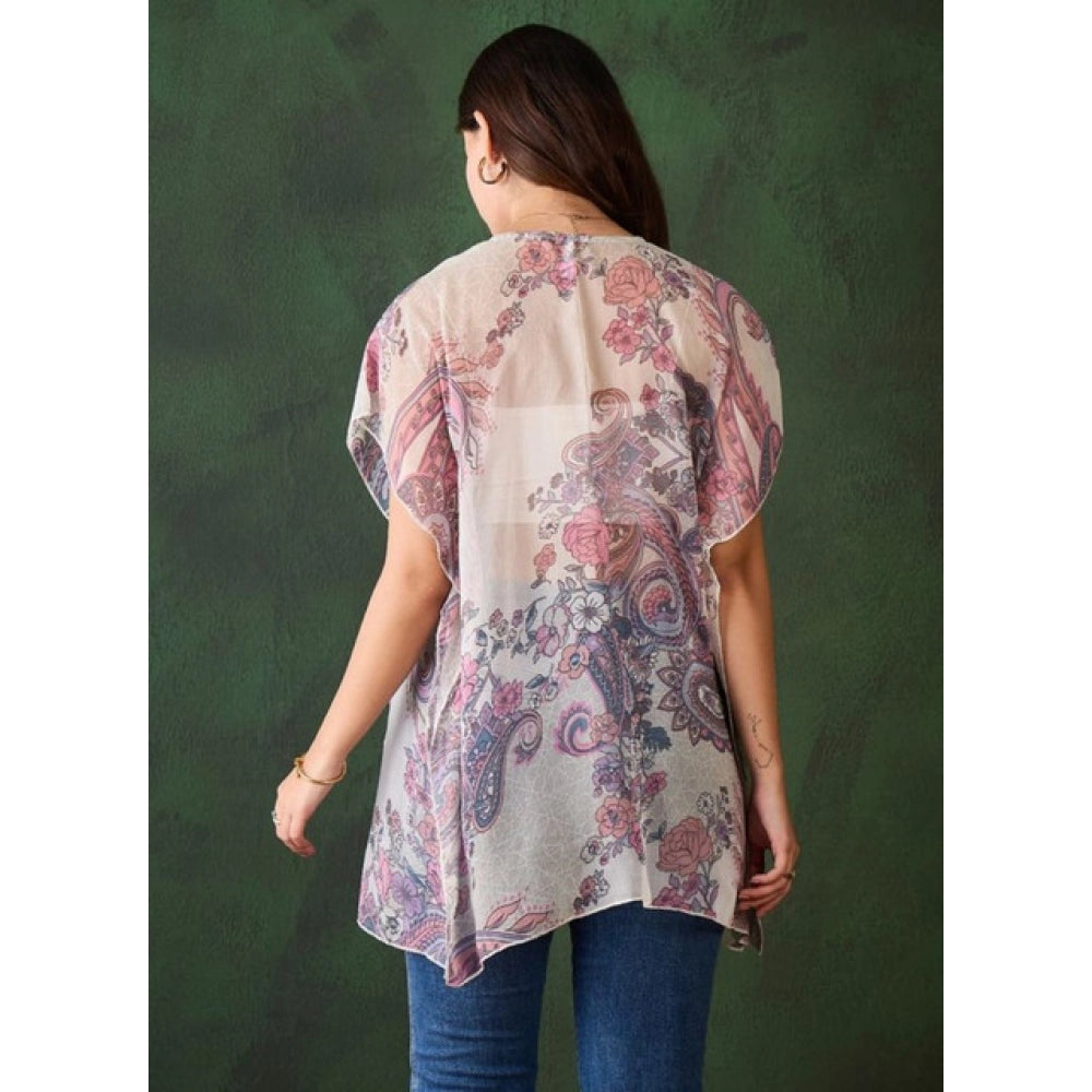HD Women's Chiffon Printed Short Sleeves Shrug (White - Purple)