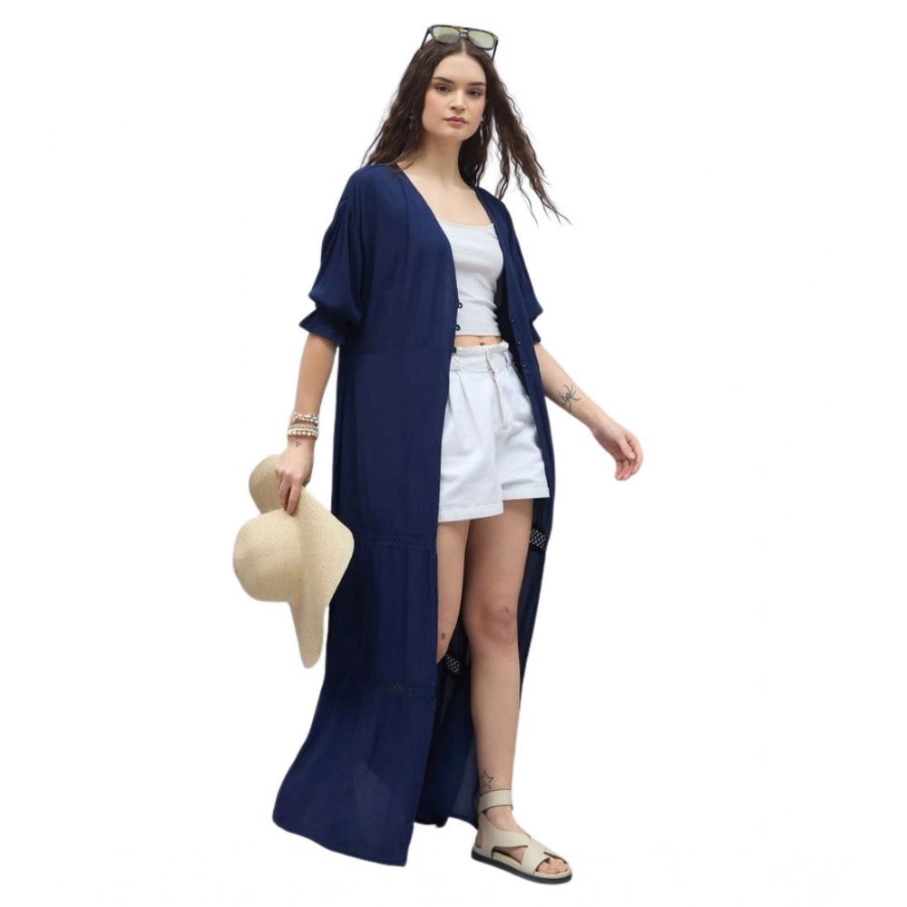 HD Women's Rayon Crepe Lace Inserts 3-4th Sleeve Shrug (Navy)