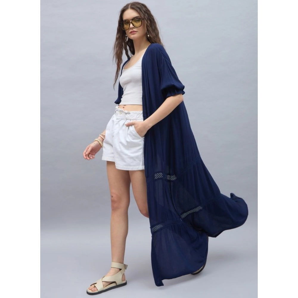 HD Women's Rayon Crepe Lace Inserts 3-4th Sleeve Shrug (Navy)