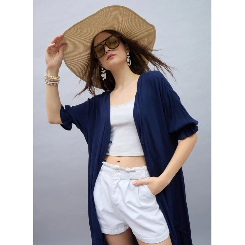 HD Women's Rayon Crepe Lace Inserts 3-4th Sleeve Shrug (Navy)