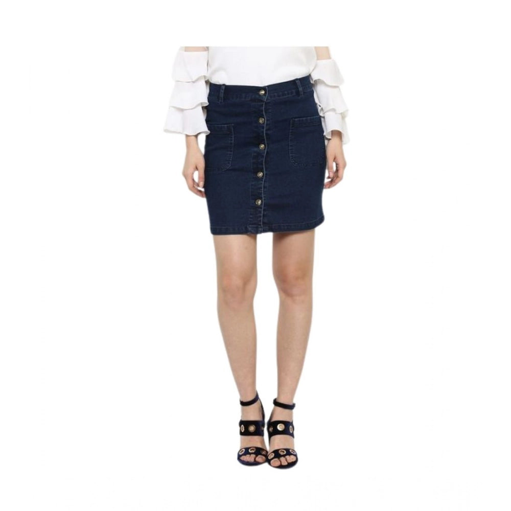HD Women's Denim Front Button Buttoned Skirt (Blue)