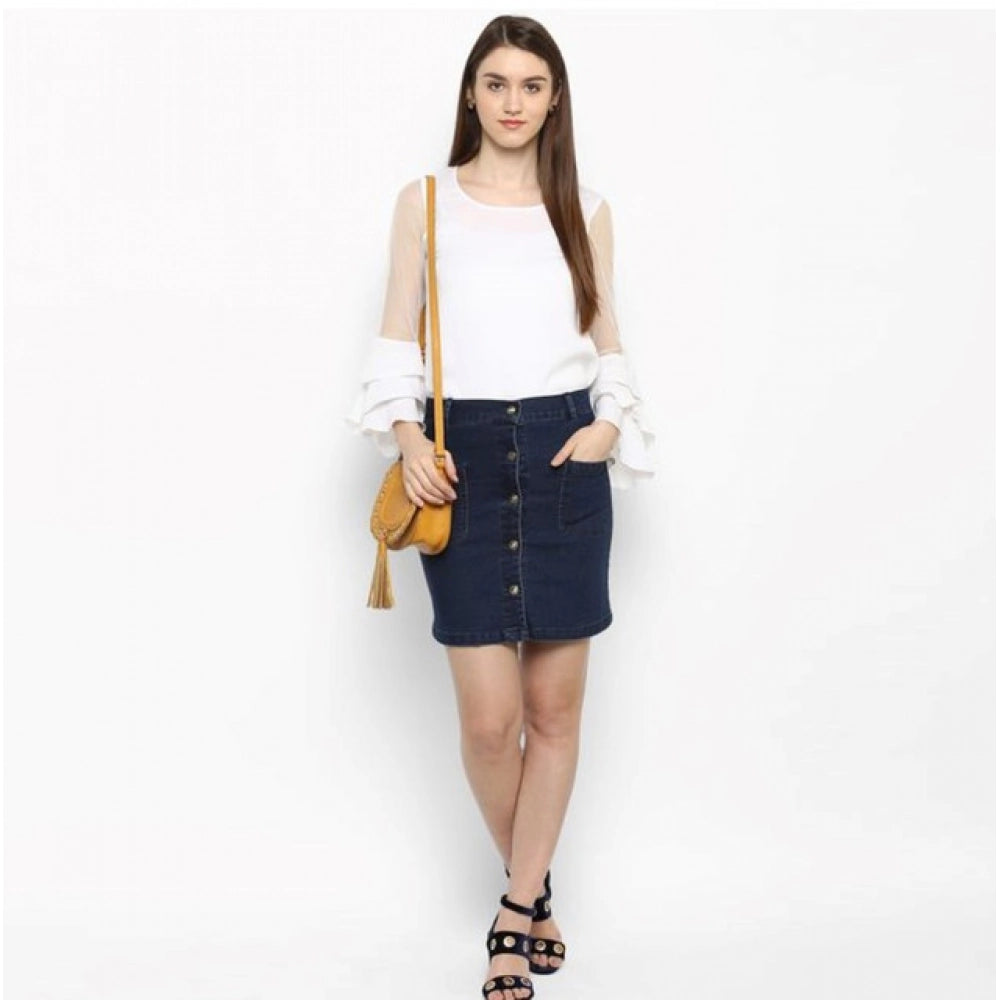 HD Women's Denim Front Button Buttoned Skirt (Blue)