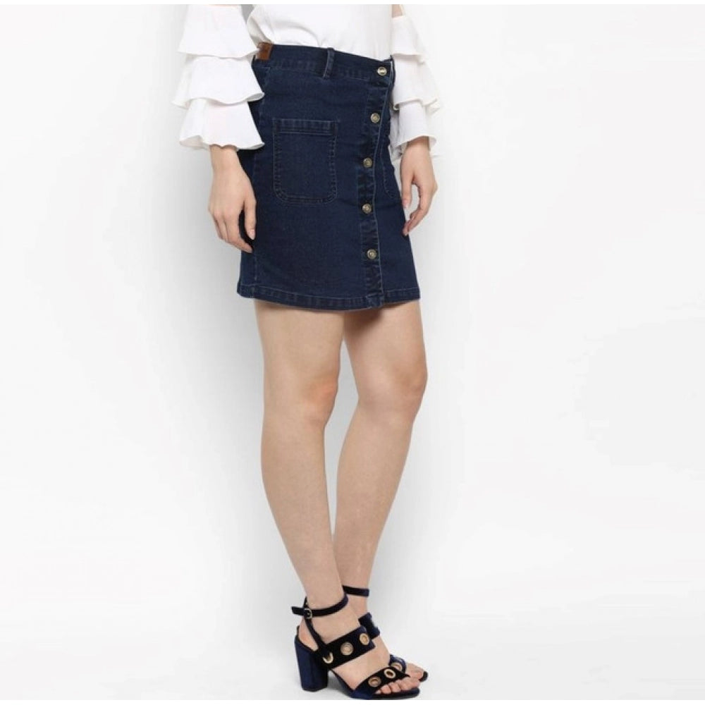 HD Women's Denim Front Button Buttoned Skirt (Blue)