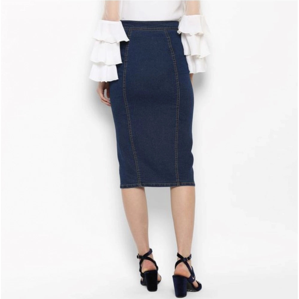 HD Women's Denim Front Button Buttoned Skirt (Blue)