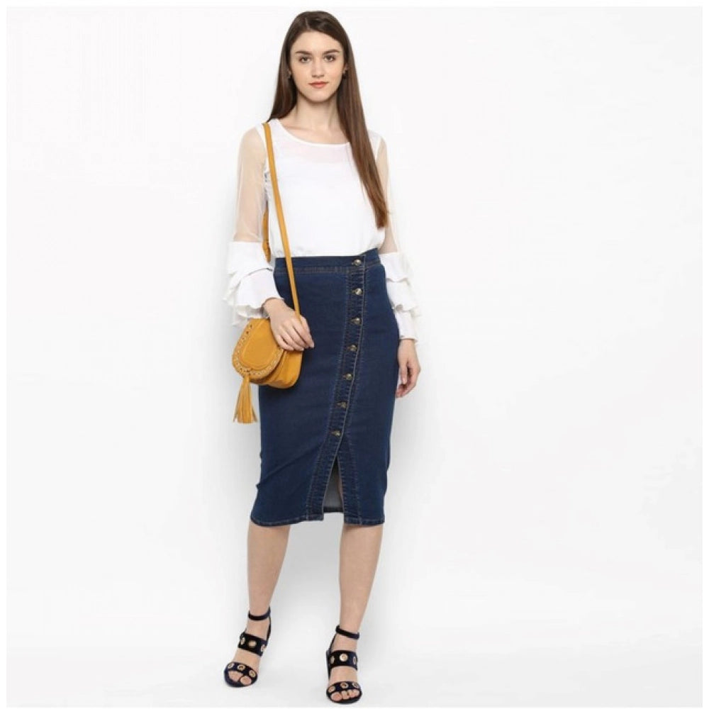 HD Women's Denim Front Button Buttoned Skirt (Blue)