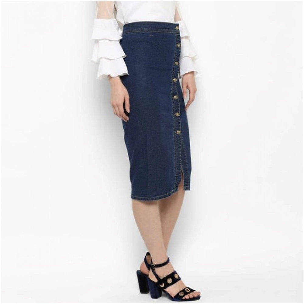 HD Women's Denim Front Button Buttoned Skirt (Blue)