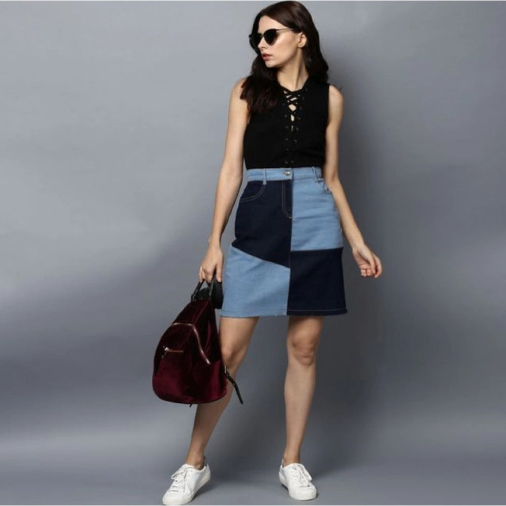 HD Women's Denim Brick Style Buttoned Skirt (Blue)