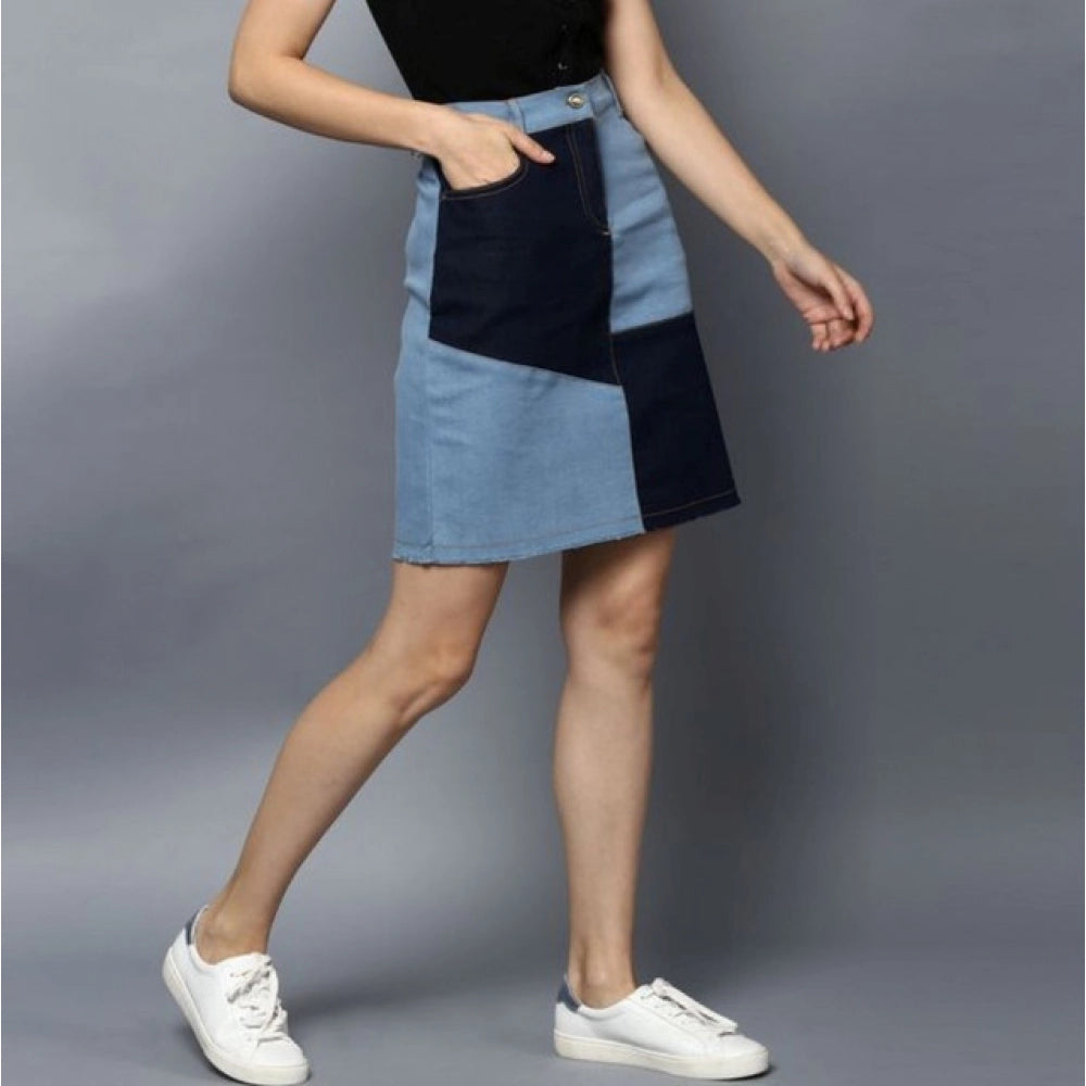 HD Women's Denim Brick Style Buttoned Skirt (Blue)