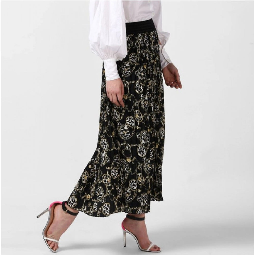 HD Women's Georgette Chain Print Elasticated Skirt (Black-Cream)
