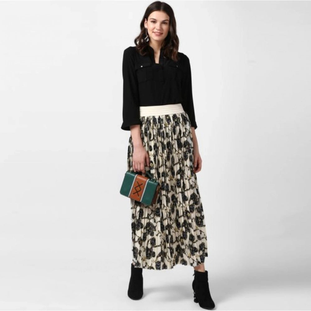 HD Women's Georgette Chain Print Elasticated Skirt (Cream-Black)