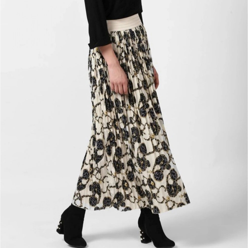 HD Women's Georgette Chain Print Elasticated Skirt (Cream-Black)