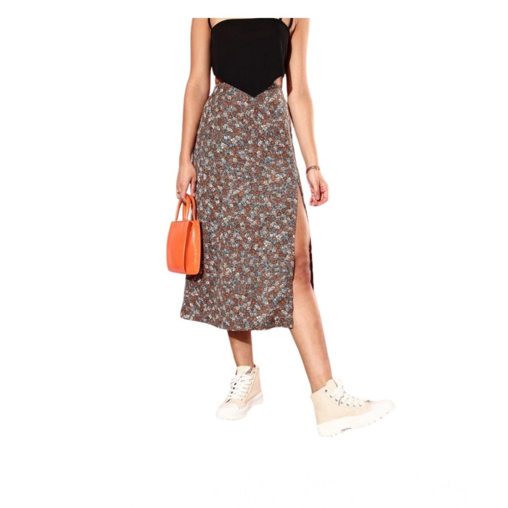 HD Women's Polyester Floral Side Zip Skirt (Grey - Coral)