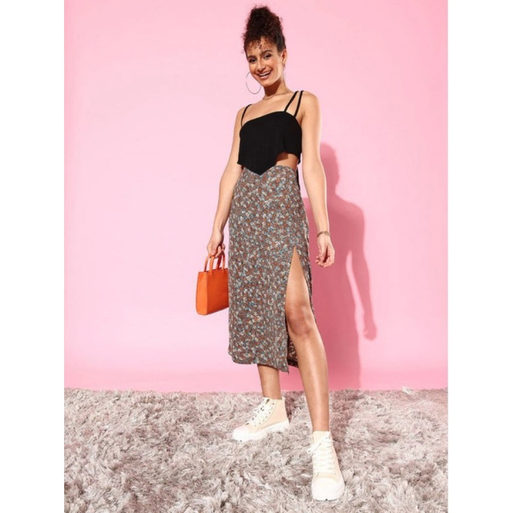 HD Women's Polyester Floral Side Zip Skirt (Grey - Coral)