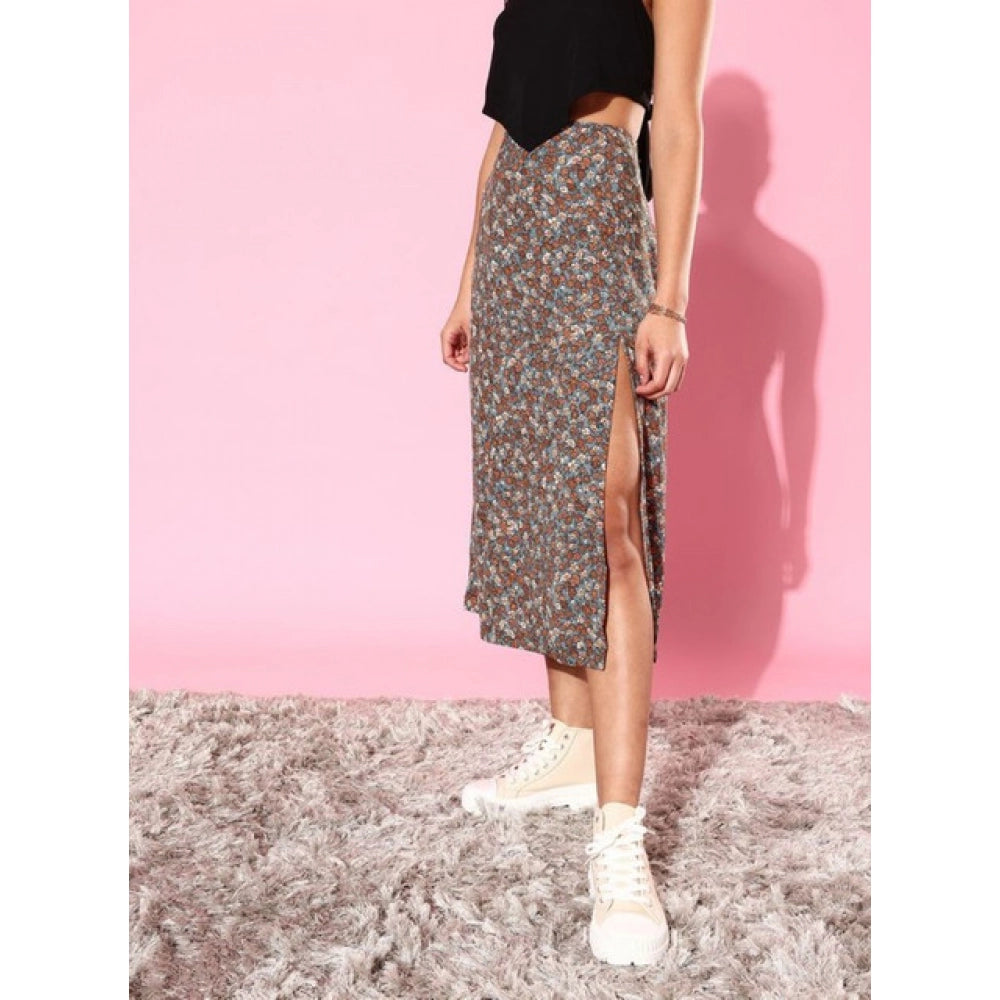 HD Women's Polyester Floral Side Zip Skirt (Grey - Coral)